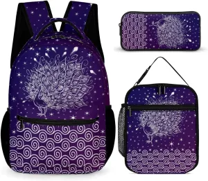 Peacock Backpack with Lunch Box & Pencil Case, 16 Inch Cute Peacocks Themed Bookbag, Adjustable Lightweight Large Capacity, Colorful Daily Casual Purple Backpacks Set with Lunch Bag