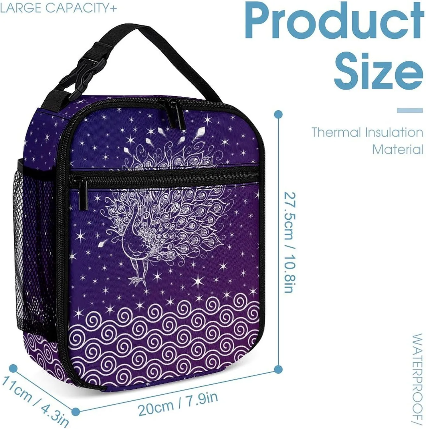 Peacock Backpack with Lunch Box & Pencil Case, 16 Inch Cute Peacocks Themed Bookbag, Adjustable Lightweight Large Capacity, Colorful Daily Casual Purple Backpacks Set with Lunch Bag
