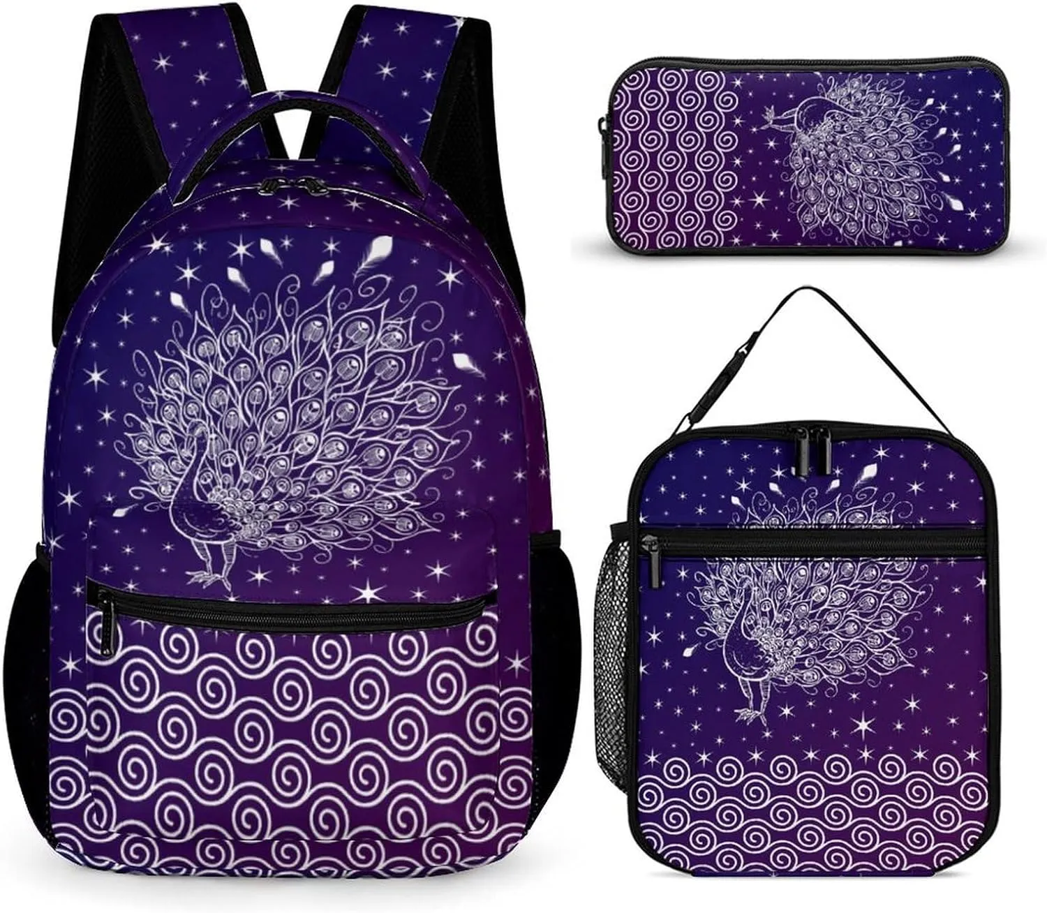 Peacock Backpack with Lunch Box & Pencil Case, 16 Inch Cute Peacocks Themed Bookbag, Adjustable Lightweight Large Capacity, Colorful Daily Casual Purple Backpacks Set with Lunch Bag