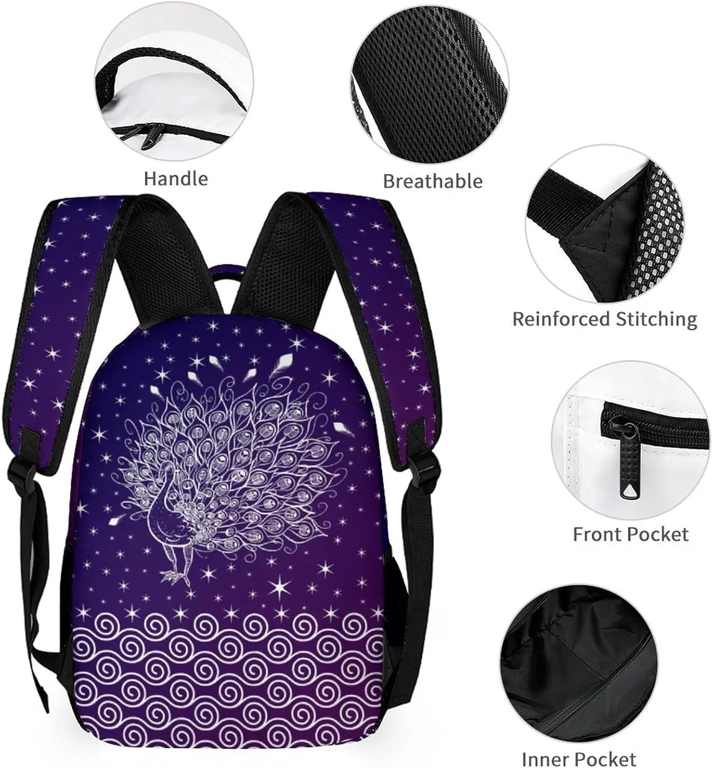 Peacock Backpack with Lunch Box & Pencil Case, 16 Inch Cute Peacocks Themed Bookbag, Adjustable Lightweight Large Capacity, Colorful Daily Casual Purple Backpacks Set with Lunch Bag