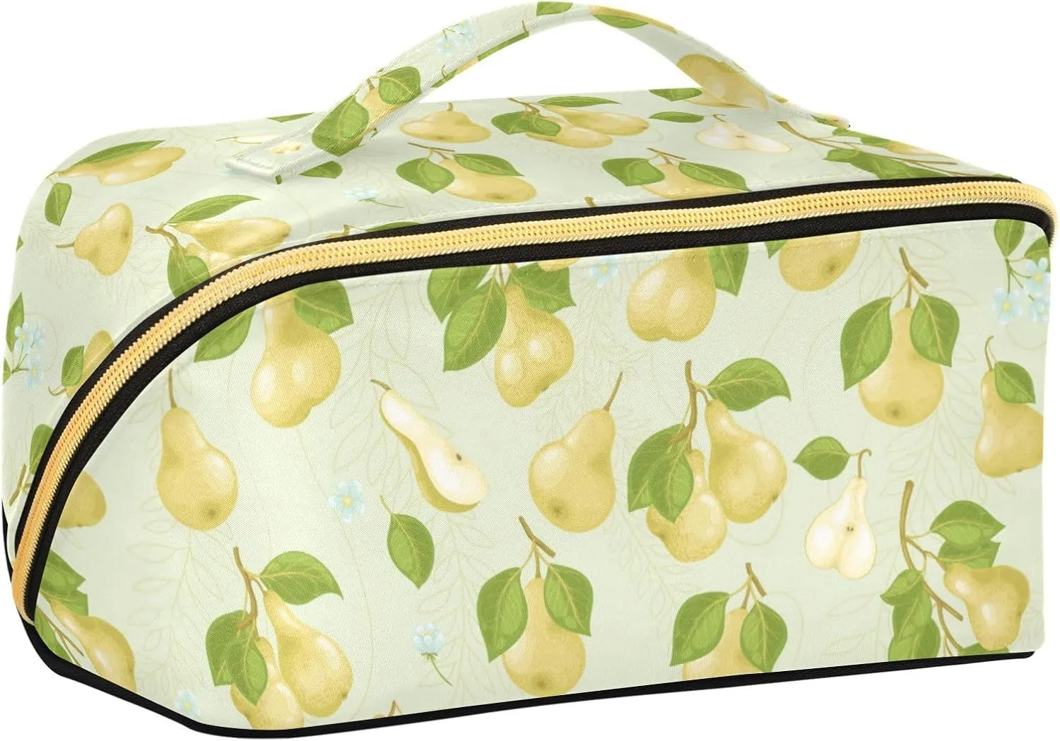 Pear Leaves and Flowers Large Capacity Travel Cosmetic Bag Makeup Bag Open Flat Makeup Organizer with Handle and Divider Travel Toiletry Bags for Women Girls