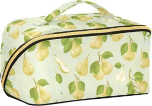Pear Leaves and Flowers Large Capacity Travel Cosmetic Bag Makeup Bag Open Flat Makeup Organizer with Handle and Divider Travel Toiletry Bags for Women Girls