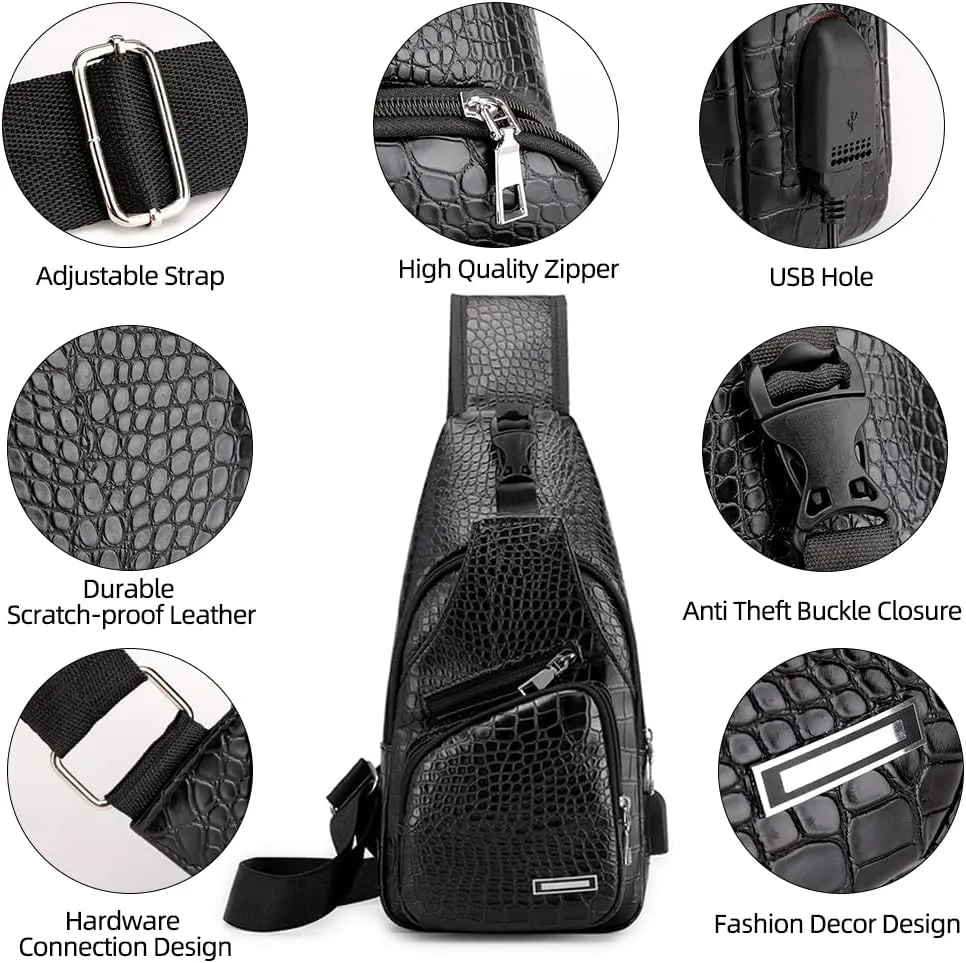Peicees Leather Sling Bag Mens Crossbody Bag Chest Bag Sling Backpack for Men with USB Charge Port