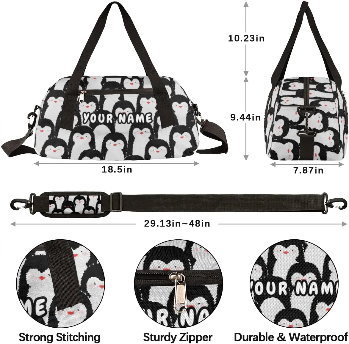 Penguins Personalized Kids Duffel Bag for Girls Boys, Penguins Debris Custom Name Dance Bag Overnight Small Duffel Bag Carry On Weekend Sports Travel Bag for School Practice Gymnastics Ballet