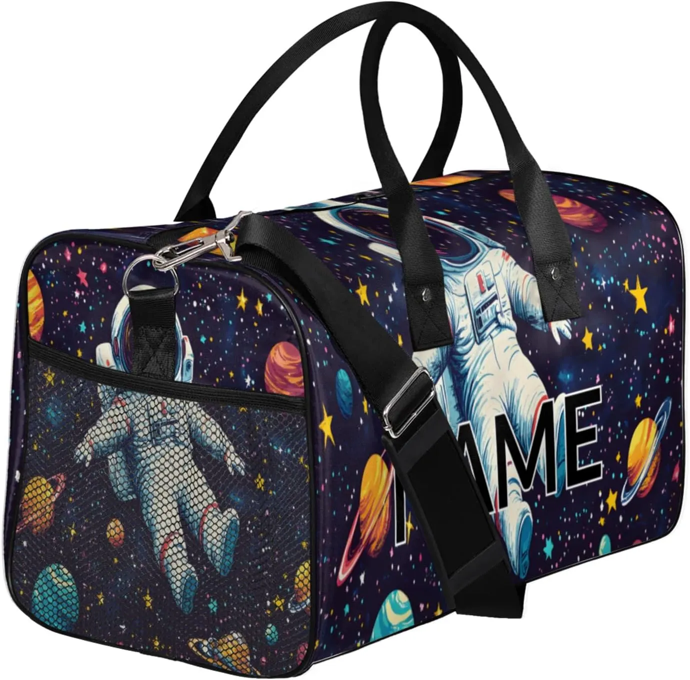 Personalized Astronaut Travel Duffel Bag with Name, Custom Gym Sport Bag Funny Trippy Space Carry On Weekend Overnight Duffel Bag for Men Women