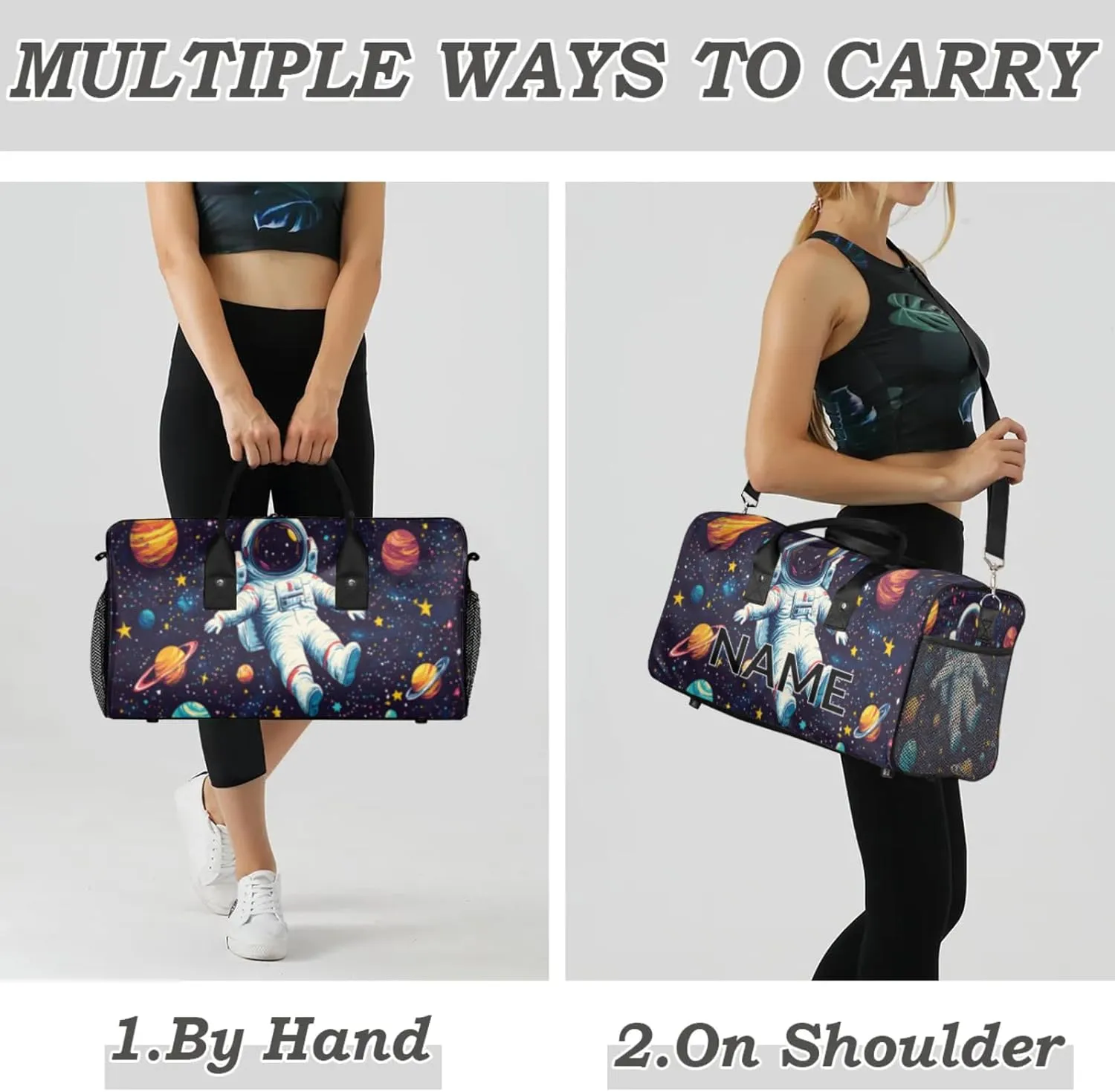 Personalized Astronaut Travel Duffel Bag with Name, Custom Gym Sport Bag Funny Trippy Space Carry On Weekend Overnight Duffel Bag for Men Women