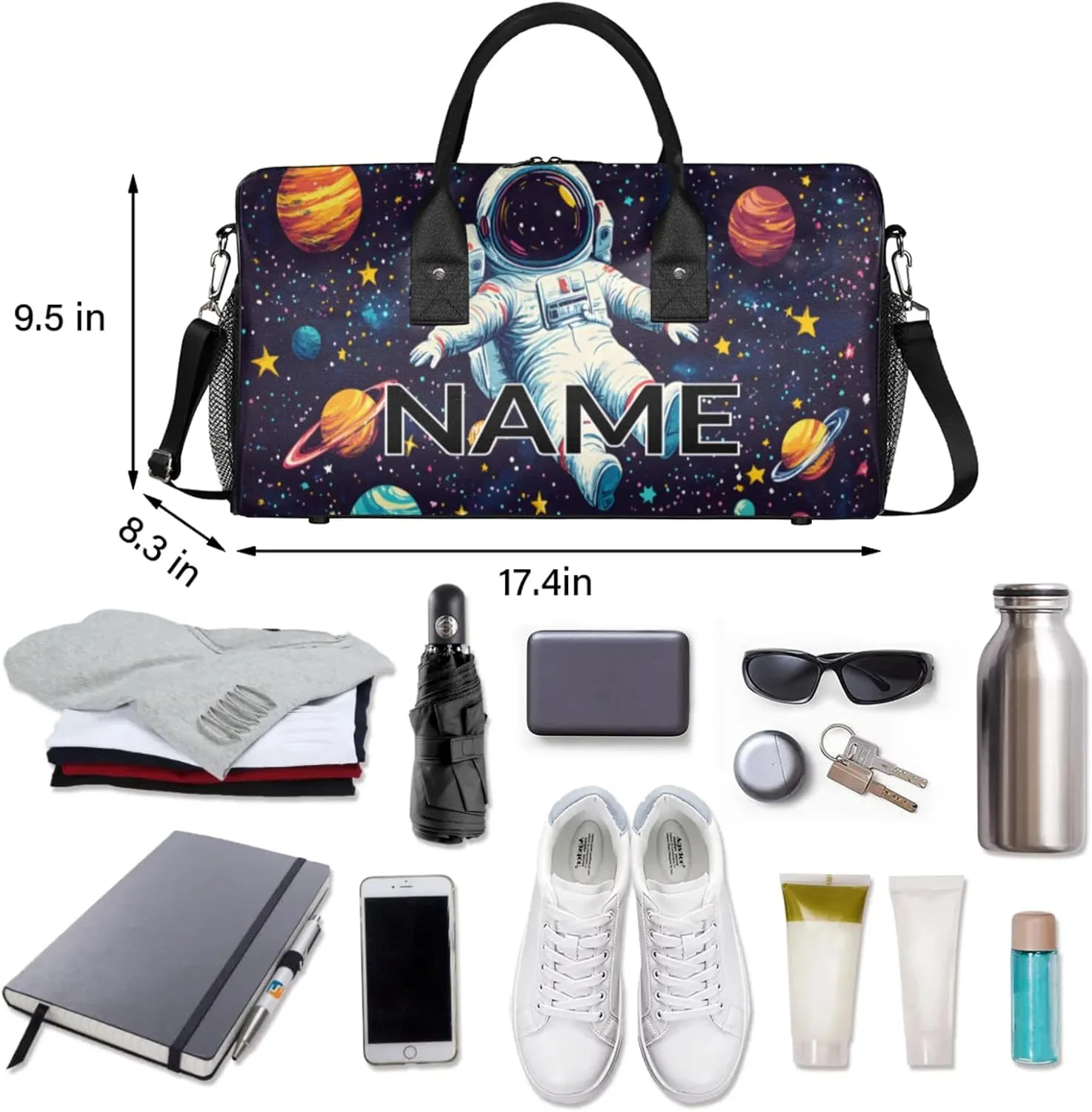 Personalized Astronaut Travel Duffel Bag with Name, Custom Gym Sport Bag Funny Trippy Space Carry On Weekend Overnight Duffel Bag for Men Women