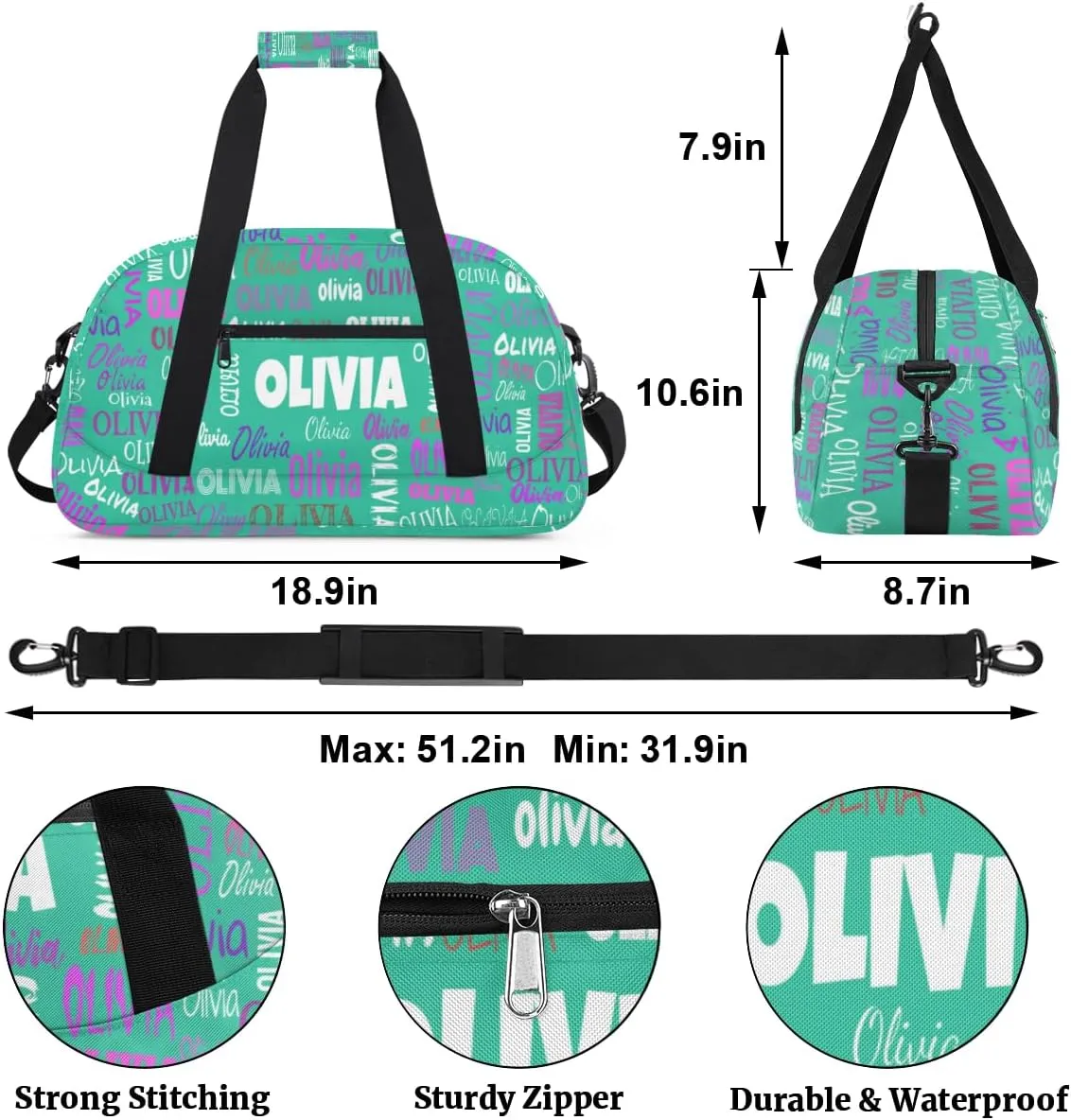 Personalized Ballet Dance Bag, Cheer Bag Girl Sport Duffel Bag, Name Ranked Customize Travel Duffle Bag with Name Overnight Weekender Bag Perform Cheer Bag, Light Sea Green Color