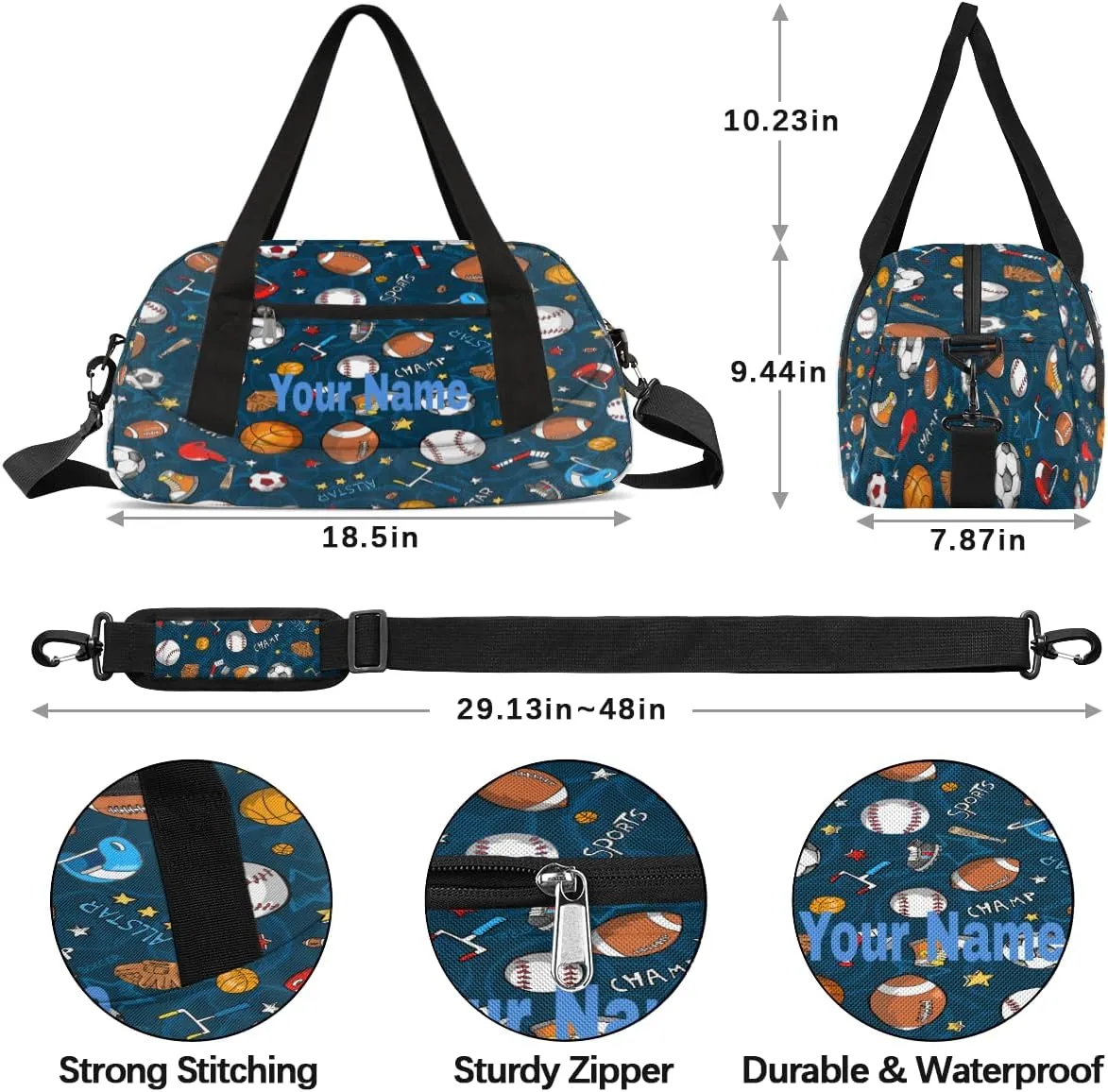 Personalized Balls Sports Sport Duffel Bag Custom Name Kids Gym Bags Carry On Travel Bag Weekender Overnight Bag for Boys Girls Teens