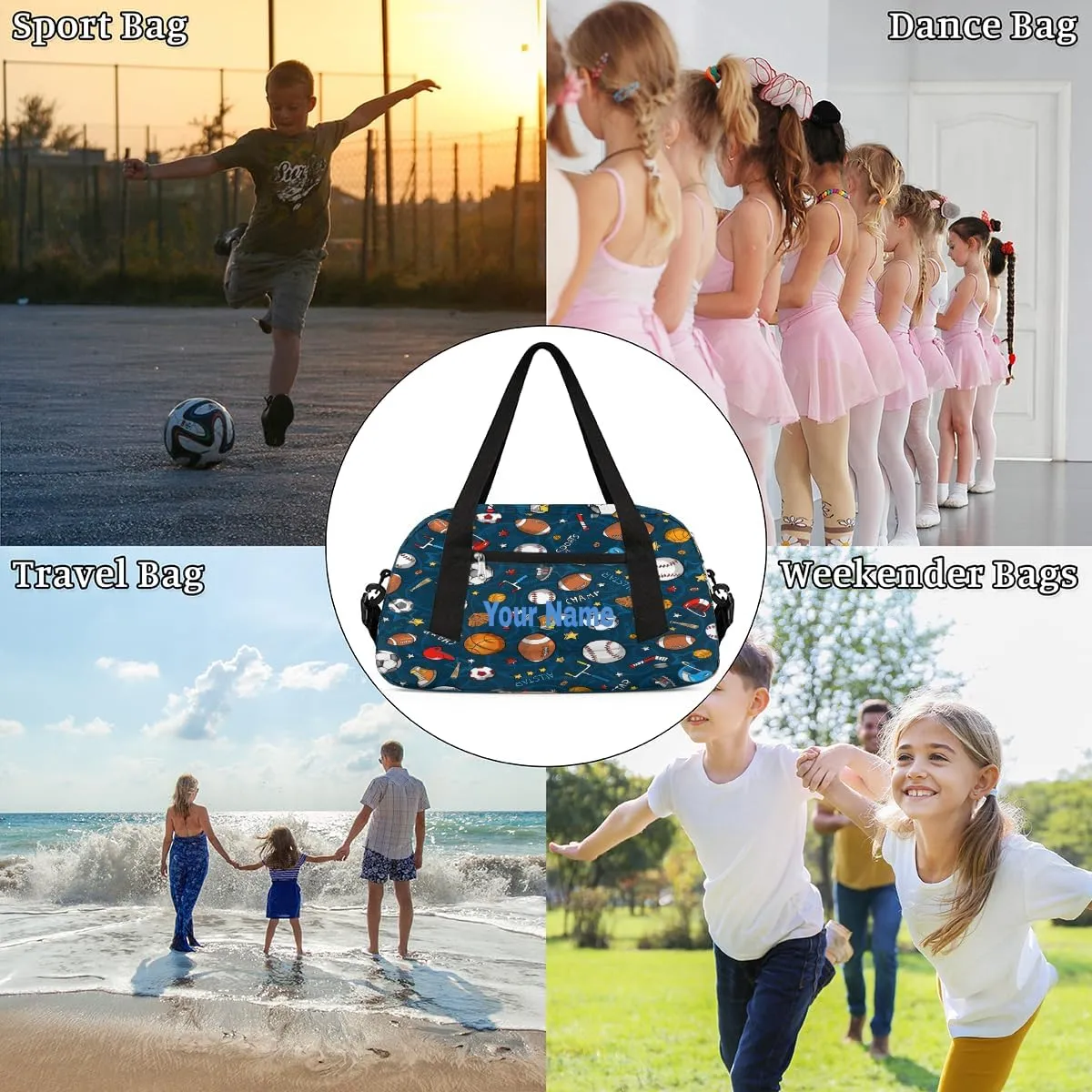 Personalized Balls Sports Sport Duffel Bag Custom Name Kids Gym Bags Carry On Travel Bag Weekender Overnight Bag for Boys Girls Teens