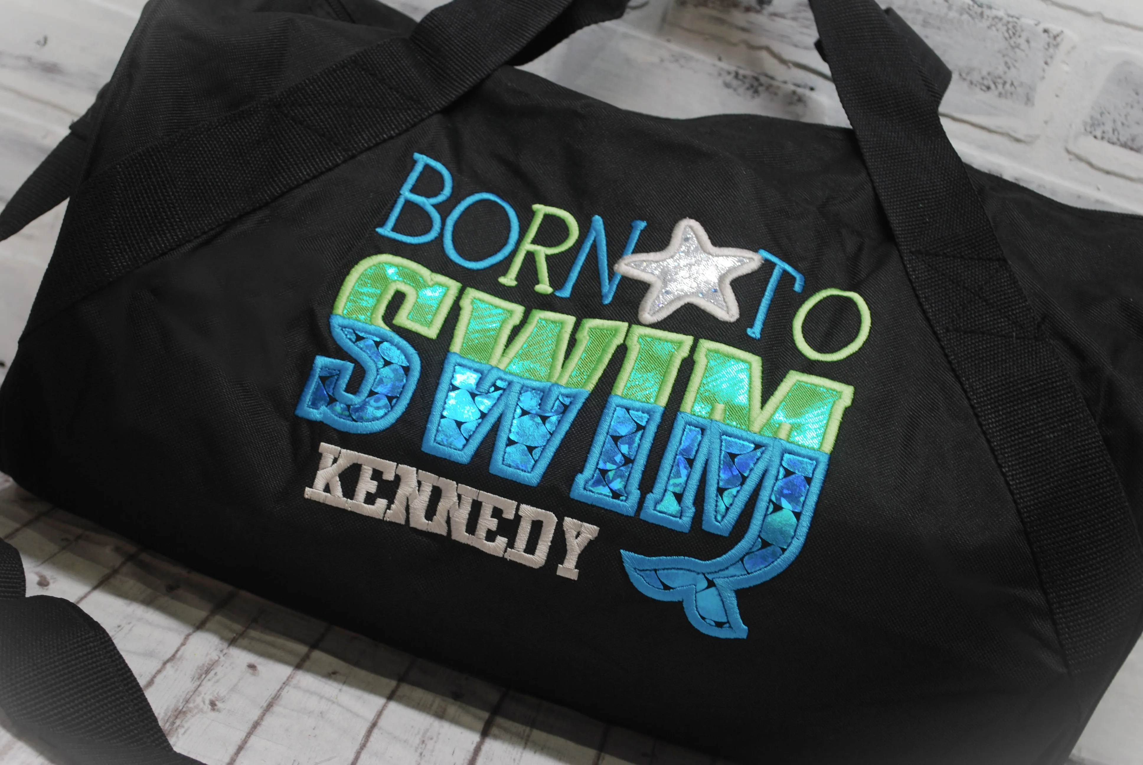 Personalized Born to Swim Teal Lime Mermaid Travel Bag