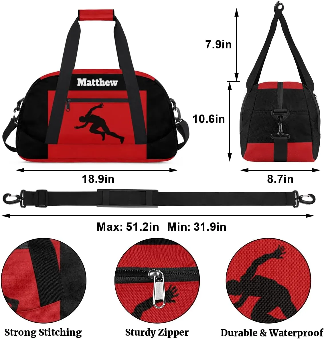 Personalized Boys Kids Bag Sports Duffel Bag, Custom Name Sport Fitness Duffle Gym Bag Travel Weekender Lightweight Swimming Training Bags, Running Race Silhouette