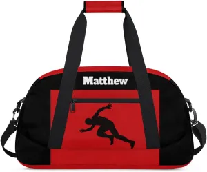 Personalized Boys Kids Bag Sports Duffel Bag, Custom Name Sport Fitness Duffle Gym Bag Travel Weekender Lightweight Swimming Training Bags, Running Race Silhouette