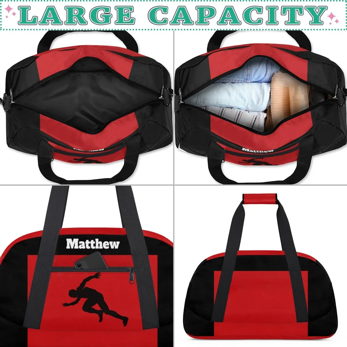Personalized Boys Kids Bag Sports Duffel Bag, Custom Name Sport Fitness Duffle Gym Bag Travel Weekender Lightweight Swimming Training Bags, Running Race Silhouette