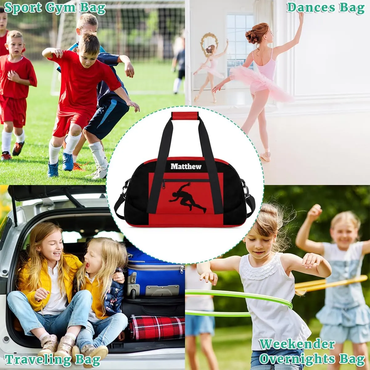 Personalized Boys Kids Bag Sports Duffel Bag, Custom Name Sport Fitness Duffle Gym Bag Travel Weekender Lightweight Swimming Training Bags, Running Race Silhouette