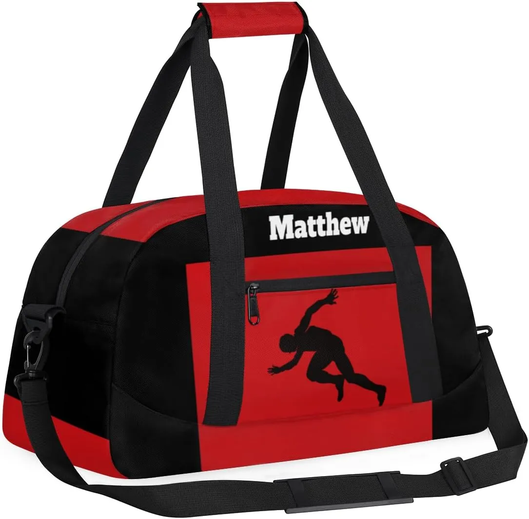 Personalized Boys Kids Bag Sports Duffel Bag, Custom Name Sport Fitness Duffle Gym Bag Travel Weekender Lightweight Swimming Training Bags, Running Race Silhouette