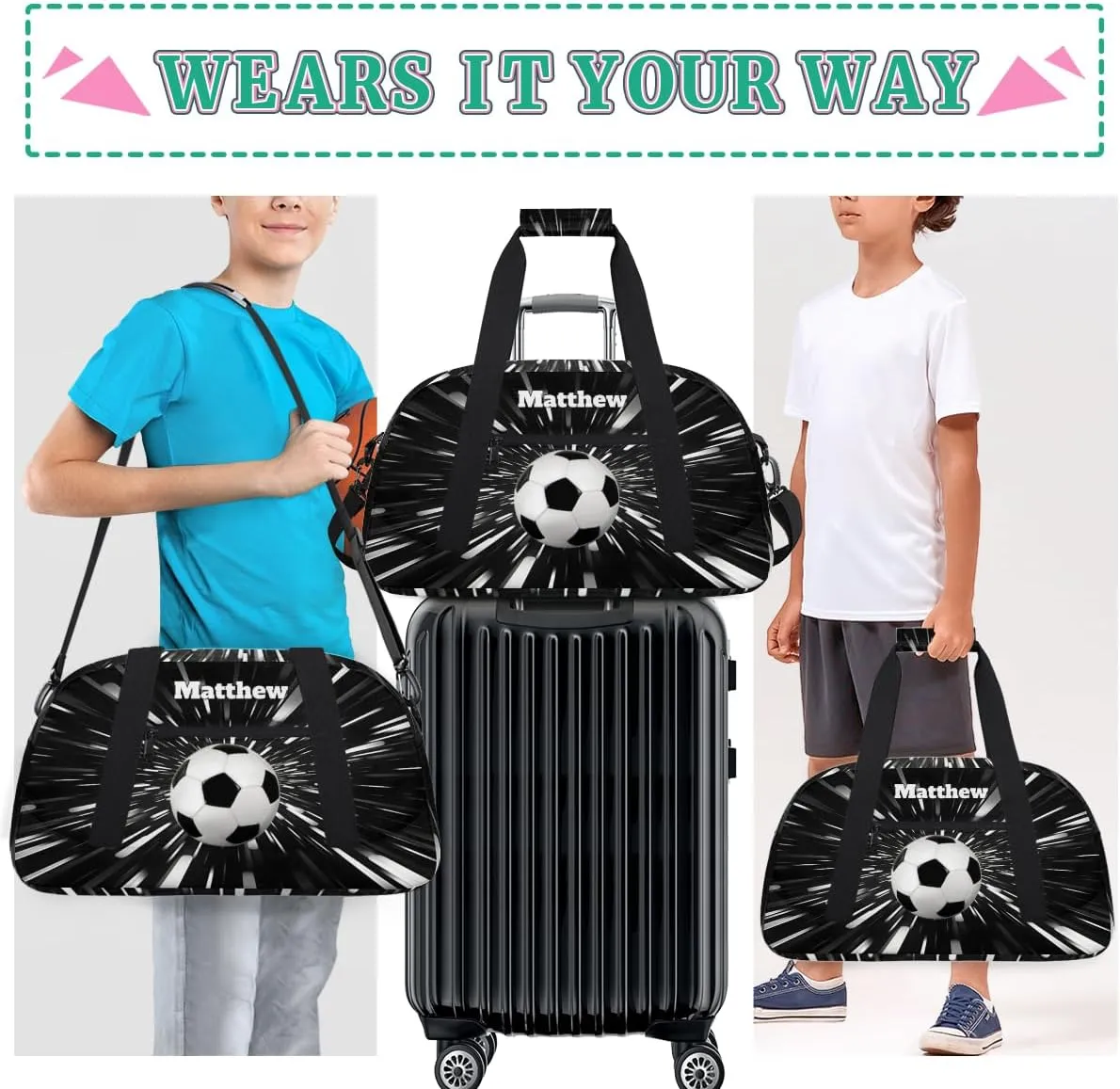Personalized Boys Sports Soccer Duffel Bag, Custom Sport Gym Bag Large Compartment Cheerleaders Dance Bag Weekender Bags Travel Training Bag for men, Abstract Black Background