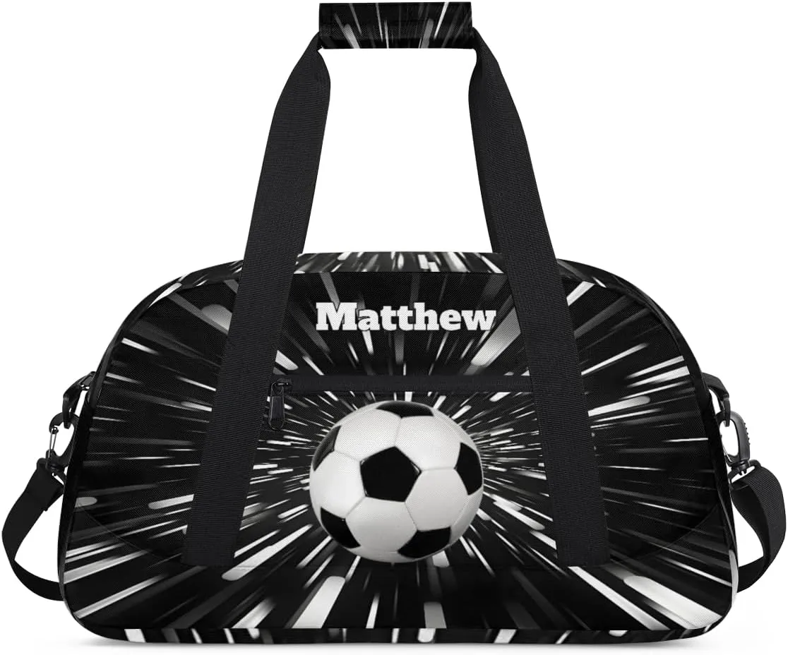 Personalized Boys Sports Soccer Duffel Bag, Custom Sport Gym Bag Large Compartment Cheerleaders Dance Bag Weekender Bags Travel Training Bag for men, Abstract Black Background
