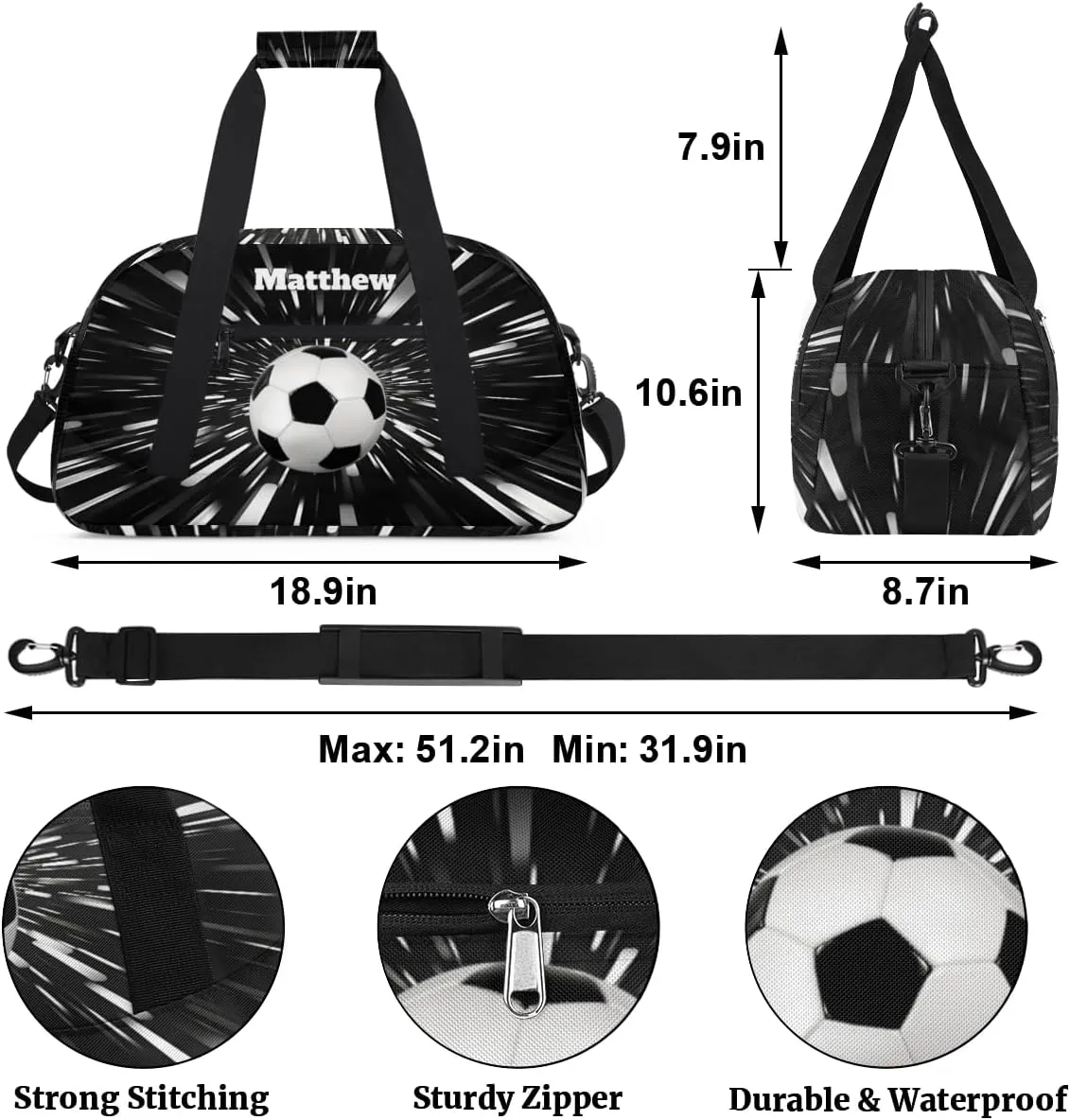 Personalized Boys Sports Soccer Duffel Bag, Custom Sport Gym Bag Large Compartment Cheerleaders Dance Bag Weekender Bags Travel Training Bag for men, Abstract Black Background