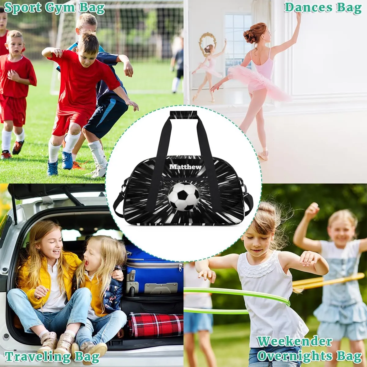 Personalized Boys Sports Soccer Duffel Bag, Custom Sport Gym Bag Large Compartment Cheerleaders Dance Bag Weekender Bags Travel Training Bag for men, Abstract Black Background