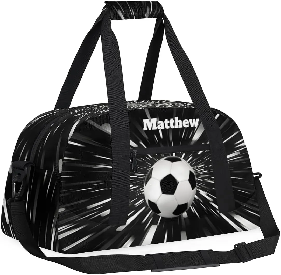 Personalized Boys Sports Soccer Duffel Bag, Custom Sport Gym Bag Large Compartment Cheerleaders Dance Bag Weekender Bags Travel Training Bag for men, Abstract Black Background