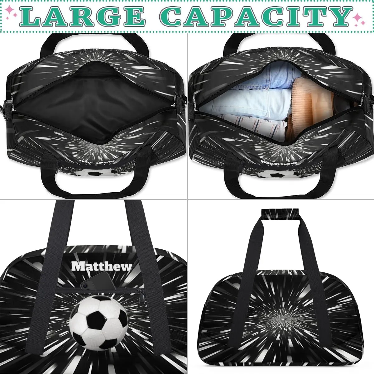 Personalized Boys Sports Soccer Duffel Bag, Custom Sport Gym Bag Large Compartment Cheerleaders Dance Bag Weekender Bags Travel Training Bag for men, Abstract Black Background