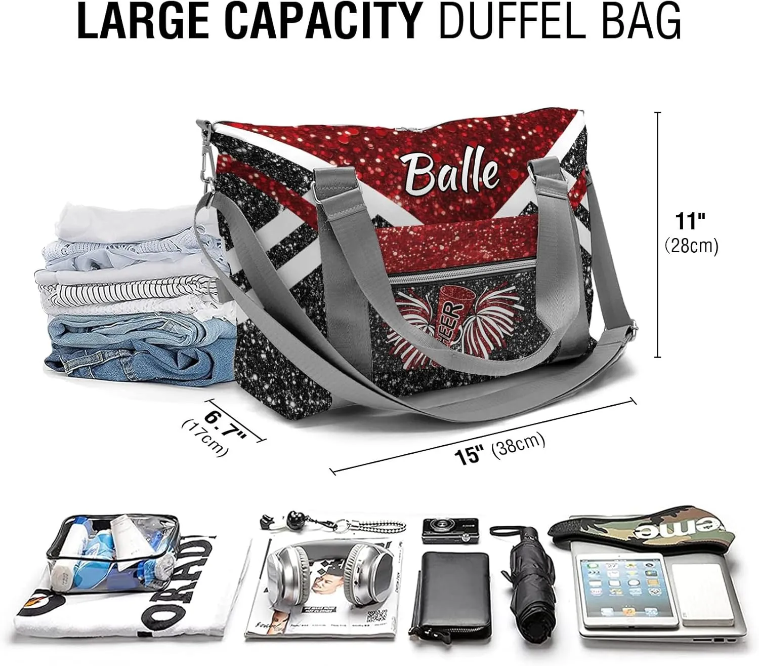 Personalized Cheer Bag Cheerleader Duffel Bag,Custom Sport Gym Bag,Customize Travel Duffle Bag with Name,Overnight Weekender Bags Red Glitter,Cheerleading Cheer Team Coaches Bag Gifts
