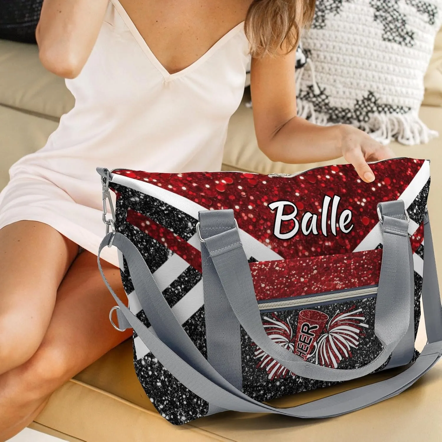 Personalized Cheer Bag Cheerleader Duffel Bag,Custom Sport Gym Bag,Customize Travel Duffle Bag with Name,Overnight Weekender Bags Red Glitter,Cheerleading Cheer Team Coaches Bag Gifts