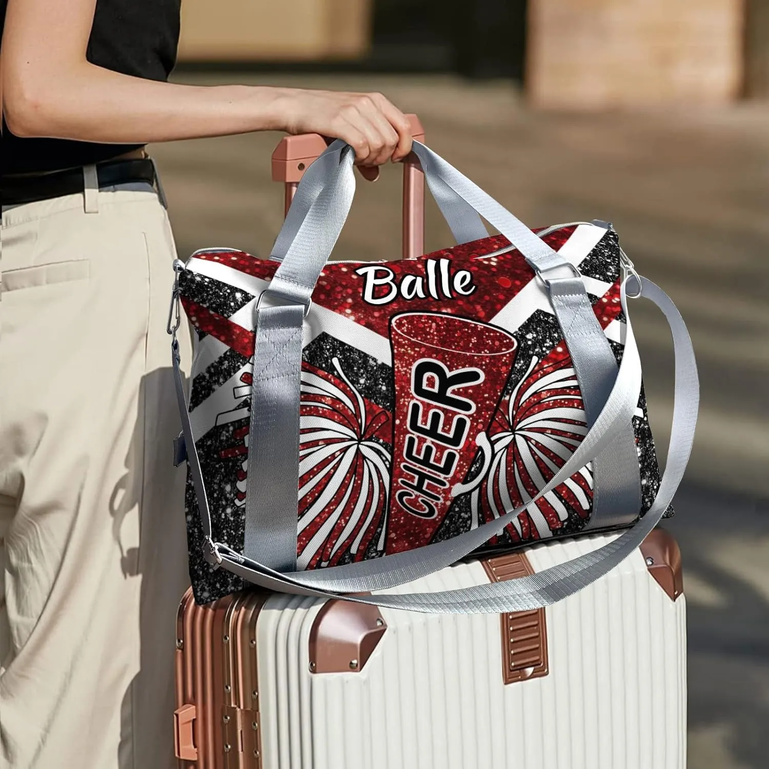 Personalized Cheer Bag Cheerleader Duffel Bag,Custom Sport Gym Bag,Customize Travel Duffle Bag with Name,Overnight Weekender Bags Red Glitter,Cheerleading Cheer Team Coaches Bag Gifts