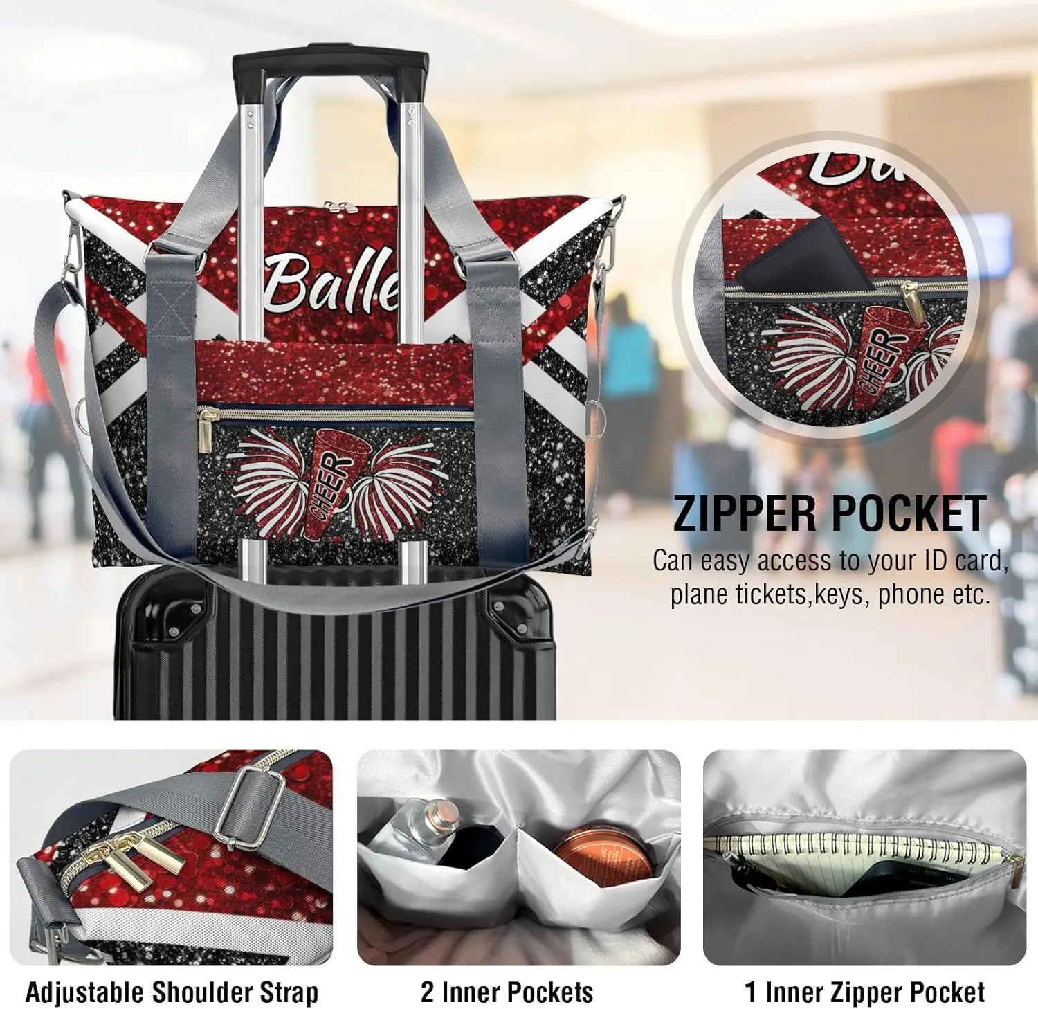 Personalized Cheer Bag Cheerleader Duffel Bag,Custom Sport Gym Bag,Customize Travel Duffle Bag with Name,Overnight Weekender Bags Red Glitter,Cheerleading Cheer Team Coaches Bag Gifts