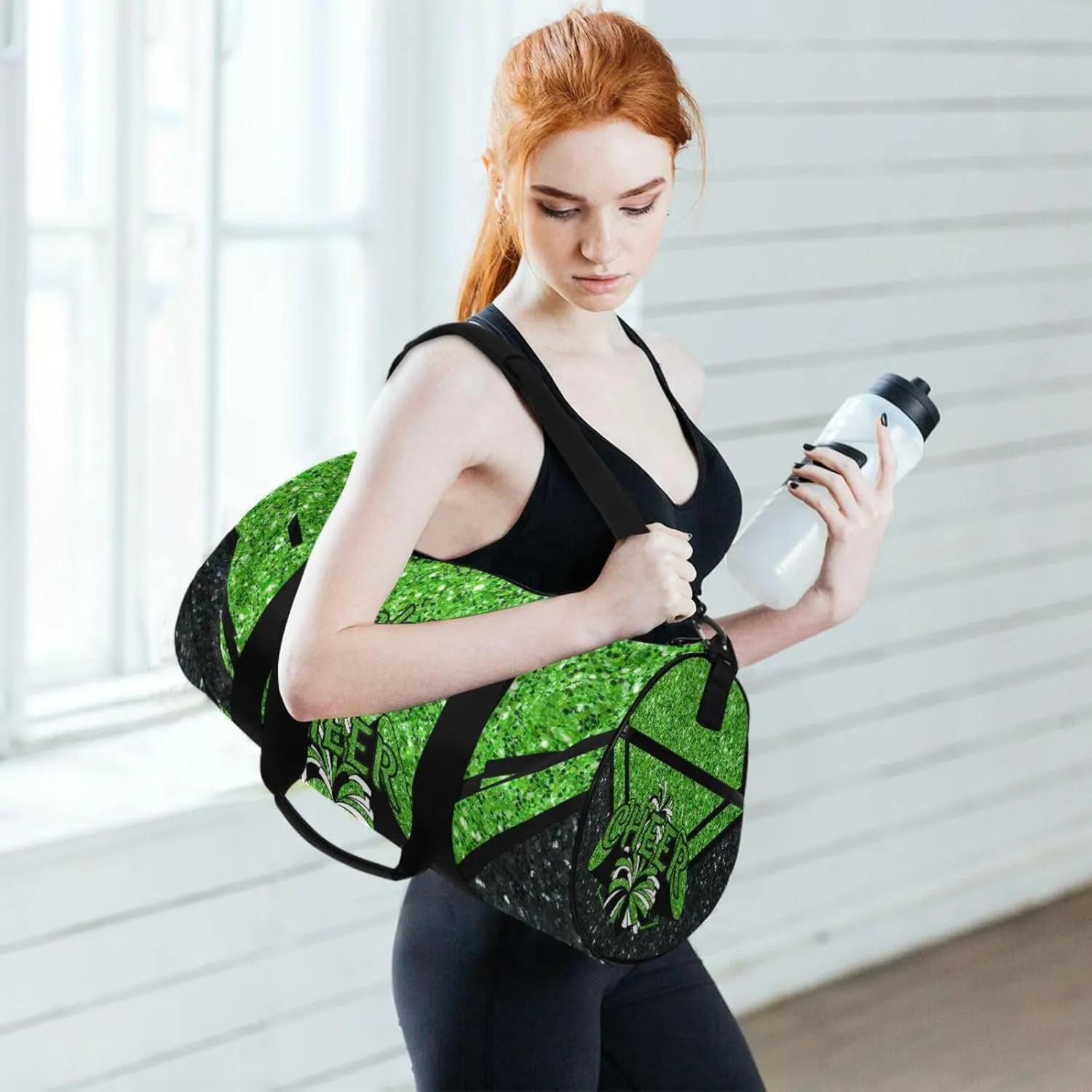 Personalized Cheer Bag Girl Sport Cheer Duffel Bag, Custom Kids Gym Bag, Overnight Weekender Travel Duffle Bags,Green Glitter, Customize Cheer Bags for Cheerleaders Gifts