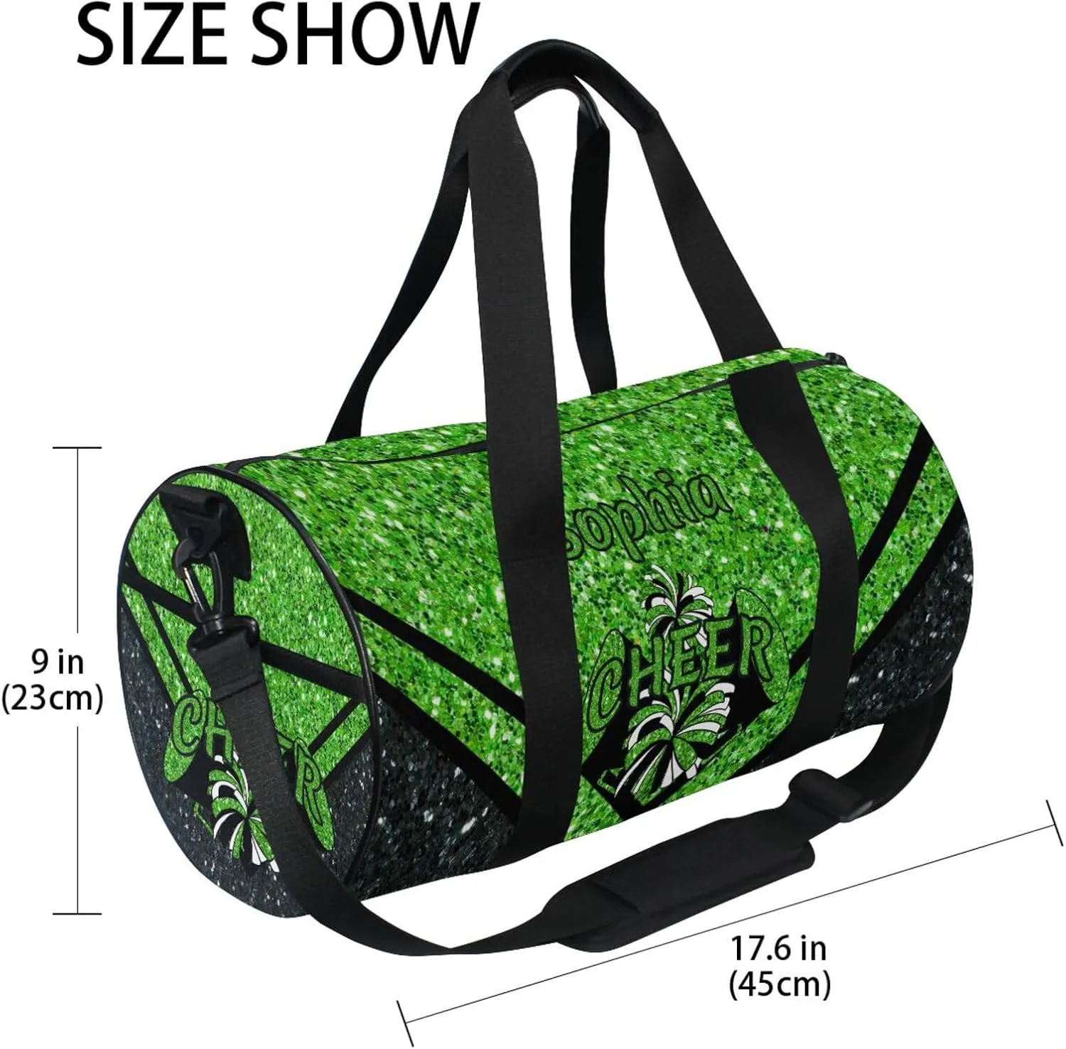 Personalized Cheer Bag Girl Sport Cheer Duffel Bag, Custom Kids Gym Bag, Overnight Weekender Travel Duffle Bags,Green Glitter, Customize Cheer Bags for Cheerleaders Gifts