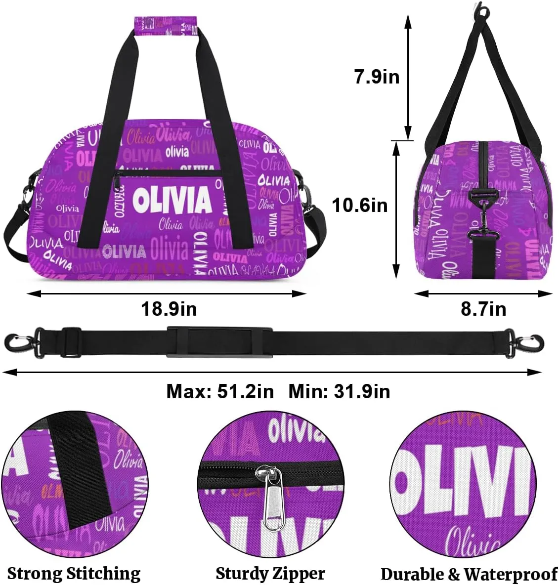 Personalized Cheer Bag Girl Sport Duffel Bag, Cheerleader Customize Travel Duffle Bag with Name, Overnight Weekender Bags Perform Cheer Bag, Dark Purple