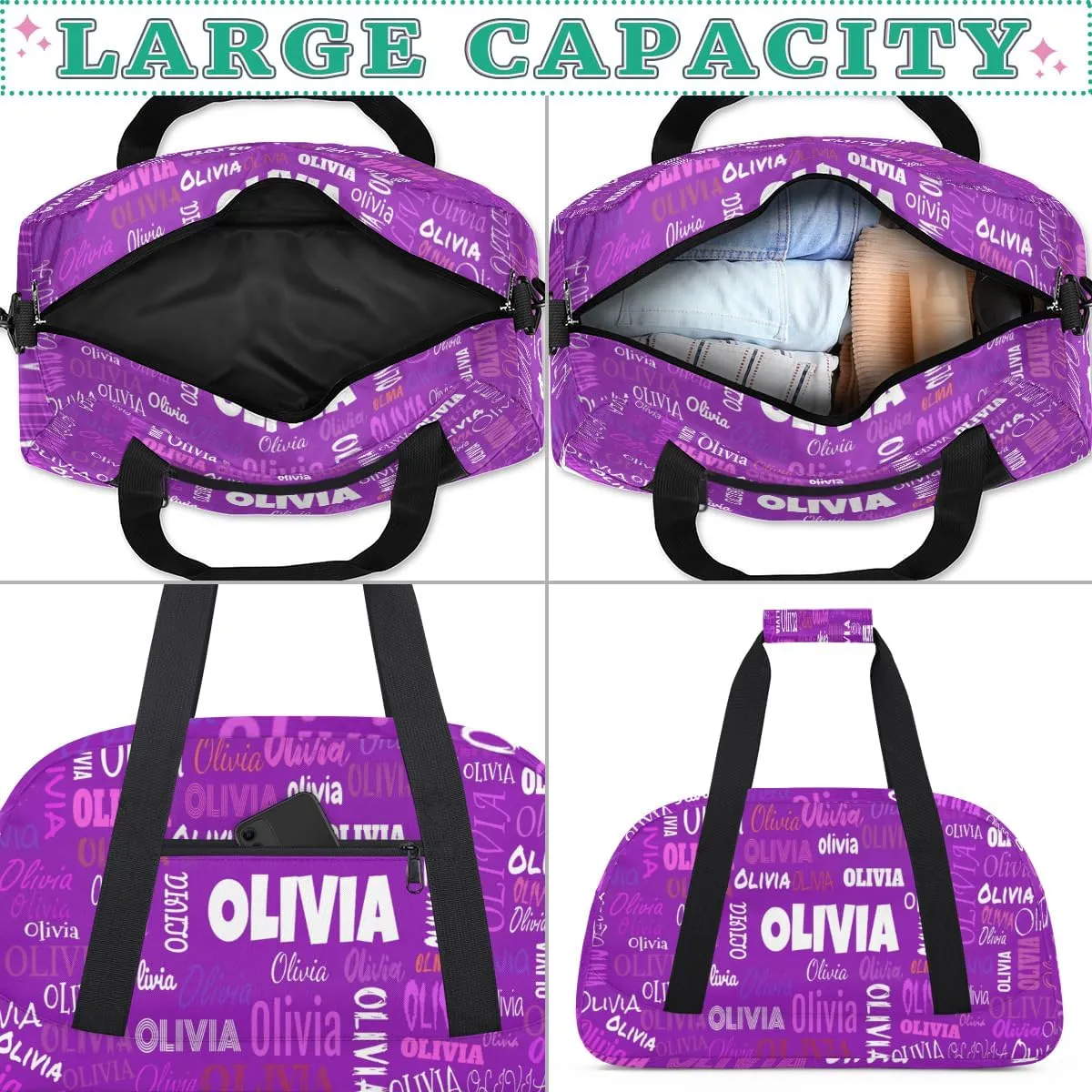 Personalized Cheer Bag Girl Sport Duffel Bag, Cheerleader Customize Travel Duffle Bag with Name, Overnight Weekender Bags Perform Cheer Bag, Dark Purple