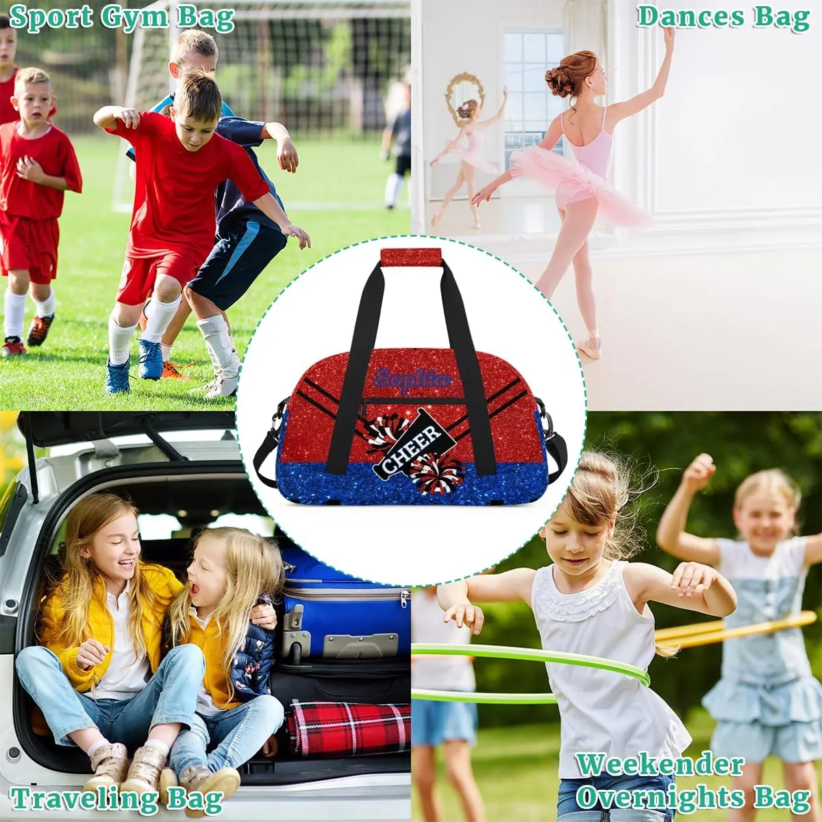 Personalized Cheer Bag Girl Sport Duffel Bag, Custom Kids Gym Bag, Customize Travel Duffle Bag with Name, Overnight Weekender Bags,Glitter Red Blue, Cheerleading Gifts