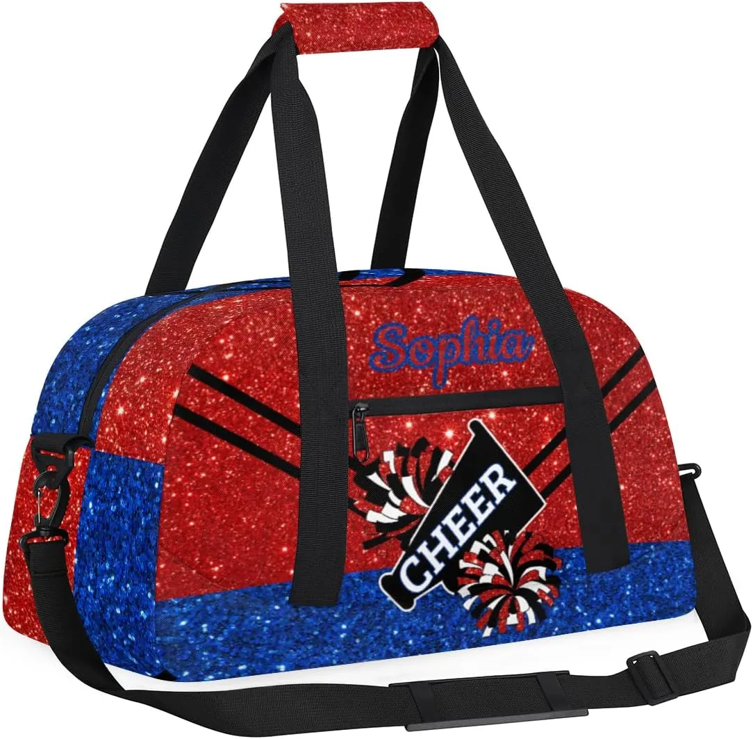 Personalized Cheer Bag Girl Sport Duffel Bag, Custom Kids Gym Bag, Customize Travel Duffle Bag with Name, Overnight Weekender Bags,Glitter Red Blue, Cheerleading Gifts