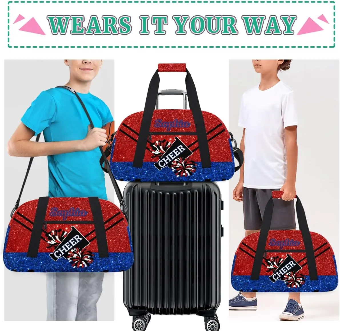 Personalized Cheer Bag Girl Sport Duffel Bag, Custom Kids Gym Bag, Customize Travel Duffle Bag with Name, Overnight Weekender Bags,Glitter Red Blue, Cheerleading Gifts