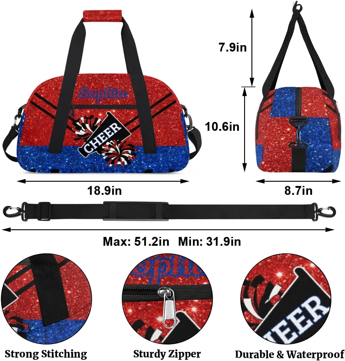 Personalized Cheer Bag Girl Sport Duffel Bag, Custom Kids Gym Bag, Customize Travel Duffle Bag with Name, Overnight Weekender Bags,Glitter Red Blue, Cheerleading Gifts