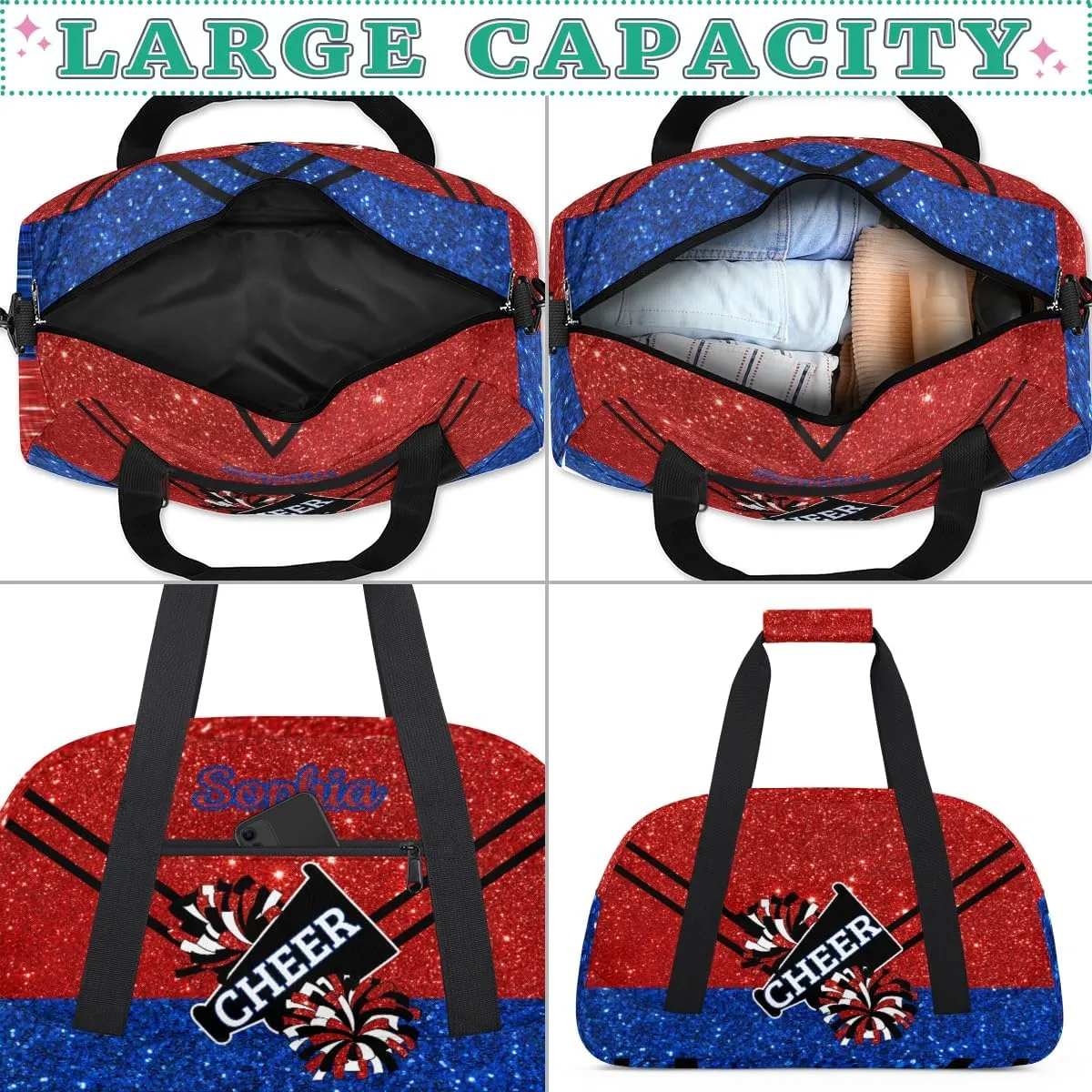 Personalized Cheer Bag Girl Sport Duffel Bag, Custom Kids Gym Bag, Customize Travel Duffle Bag with Name, Overnight Weekender Bags,Glitter Red Blue, Cheerleading Gifts