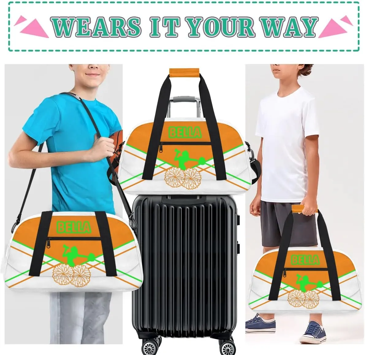 Personalized Cheer Bag Sport Duffel Bag for Girl, Custom Kids Gym Bag, Customize Travel Duffle Bag with Name, Overnight Weekender Bags,Orange and Green Lines, Cheerleading Gifts