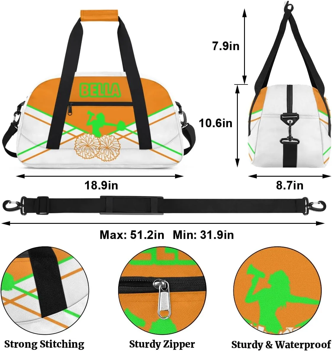 Personalized Cheer Bag Sport Duffel Bag for Girl, Custom Kids Gym Bag, Customize Travel Duffle Bag with Name, Overnight Weekender Bags,Orange and Green Lines, Cheerleading Gifts