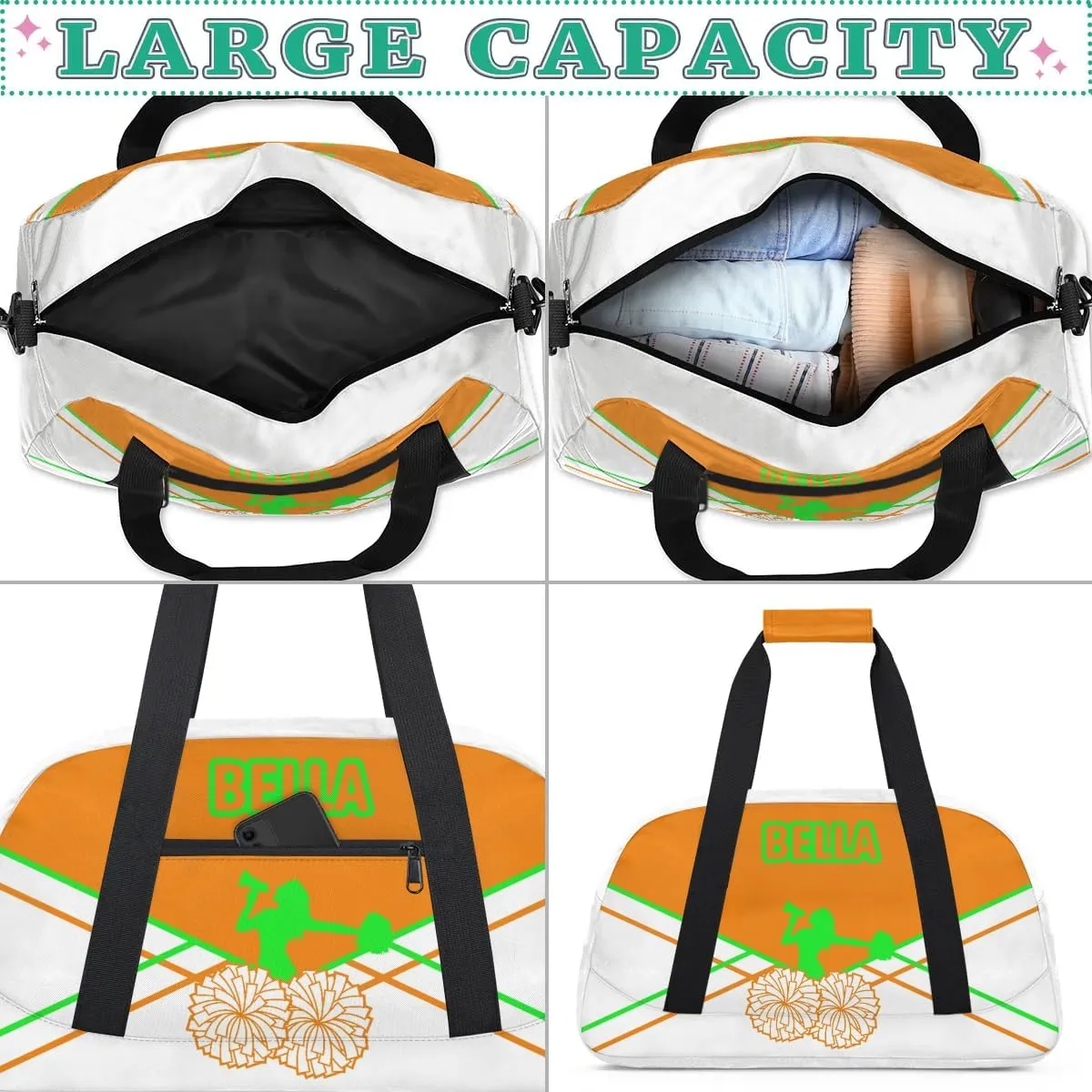 Personalized Cheer Bag Sport Duffel Bag for Girl, Custom Kids Gym Bag, Customize Travel Duffle Bag with Name, Overnight Weekender Bags,Orange and Green Lines, Cheerleading Gifts