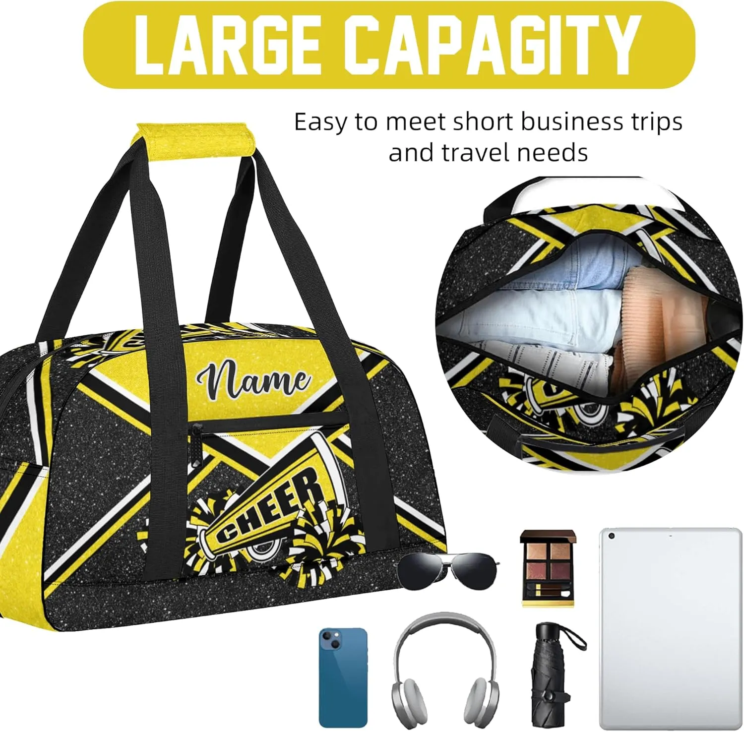 Personalized Cheer Bag with Name, Custom Cheerleader Duffle Bag for Women, Gym Travel Bag for Cheerleaders (Gold)