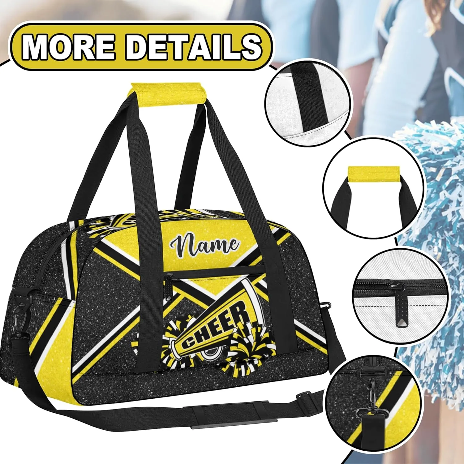 Personalized Cheer Bag with Name, Custom Cheerleader Duffle Bag for Women, Gym Travel Bag for Cheerleaders (Gold)