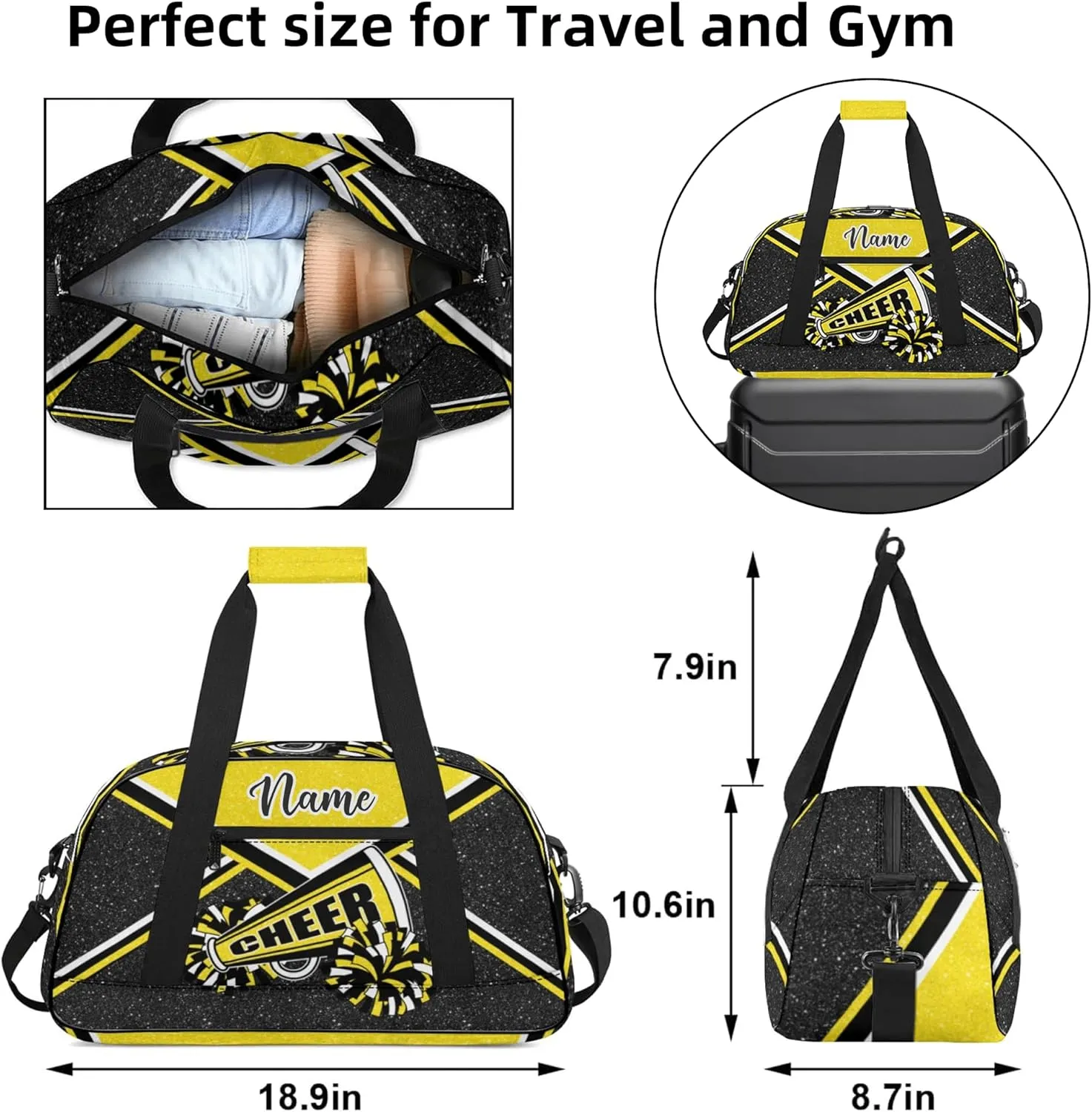 Personalized Cheer Bag with Name, Custom Cheerleader Duffle Bag for Women, Gym Travel Bag for Cheerleaders (Gold)