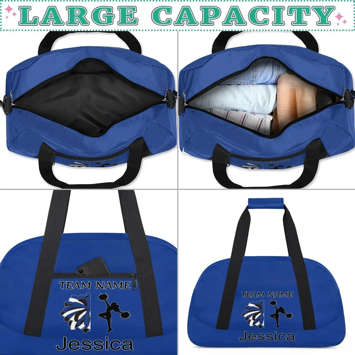 Personalized Cheer Duffle Bag for Cheerleaders, Custom Cheerleading Gym Bag for Women, Cheer Duffel Bag with Name Overnight Weekender Bags, Cobalt Blue