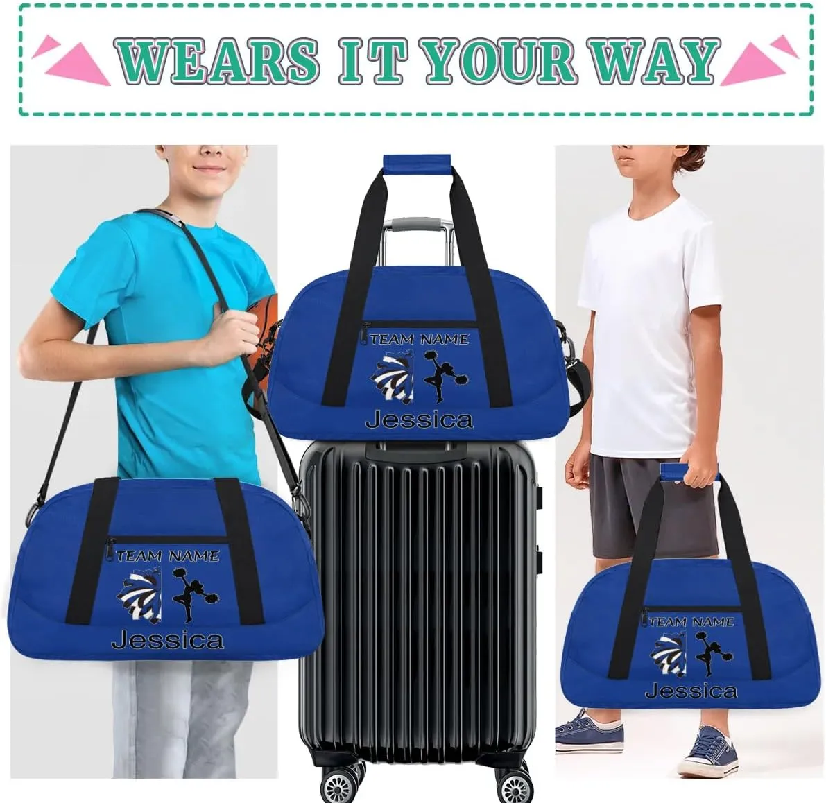 Personalized Cheer Duffle Bag for Cheerleaders, Custom Cheerleading Gym Bag for Women, Cheer Duffel Bag with Name Overnight Weekender Bags, Cobalt Blue