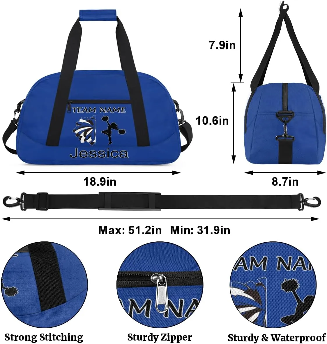 Personalized Cheer Duffle Bag for Cheerleaders, Custom Cheerleading Gym Bag for Women, Cheer Duffel Bag with Name Overnight Weekender Bags, Cobalt Blue