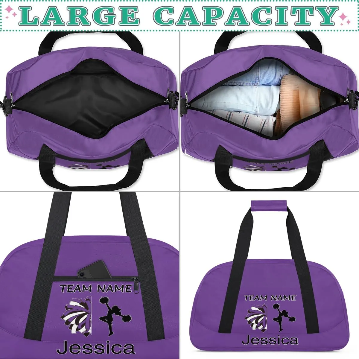 Personalized Cheer Duffle Bag for Cheerleaders, Custom Cheerleading Gym Bag for Women, Cheer Duffel Bag with Name Overnight Weekender Bags, Dark Purple