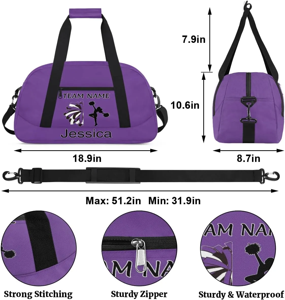 Personalized Cheer Duffle Bag for Cheerleaders, Custom Cheerleading Gym Bag for Women, Cheer Duffel Bag with Name Overnight Weekender Bags, Dark Purple